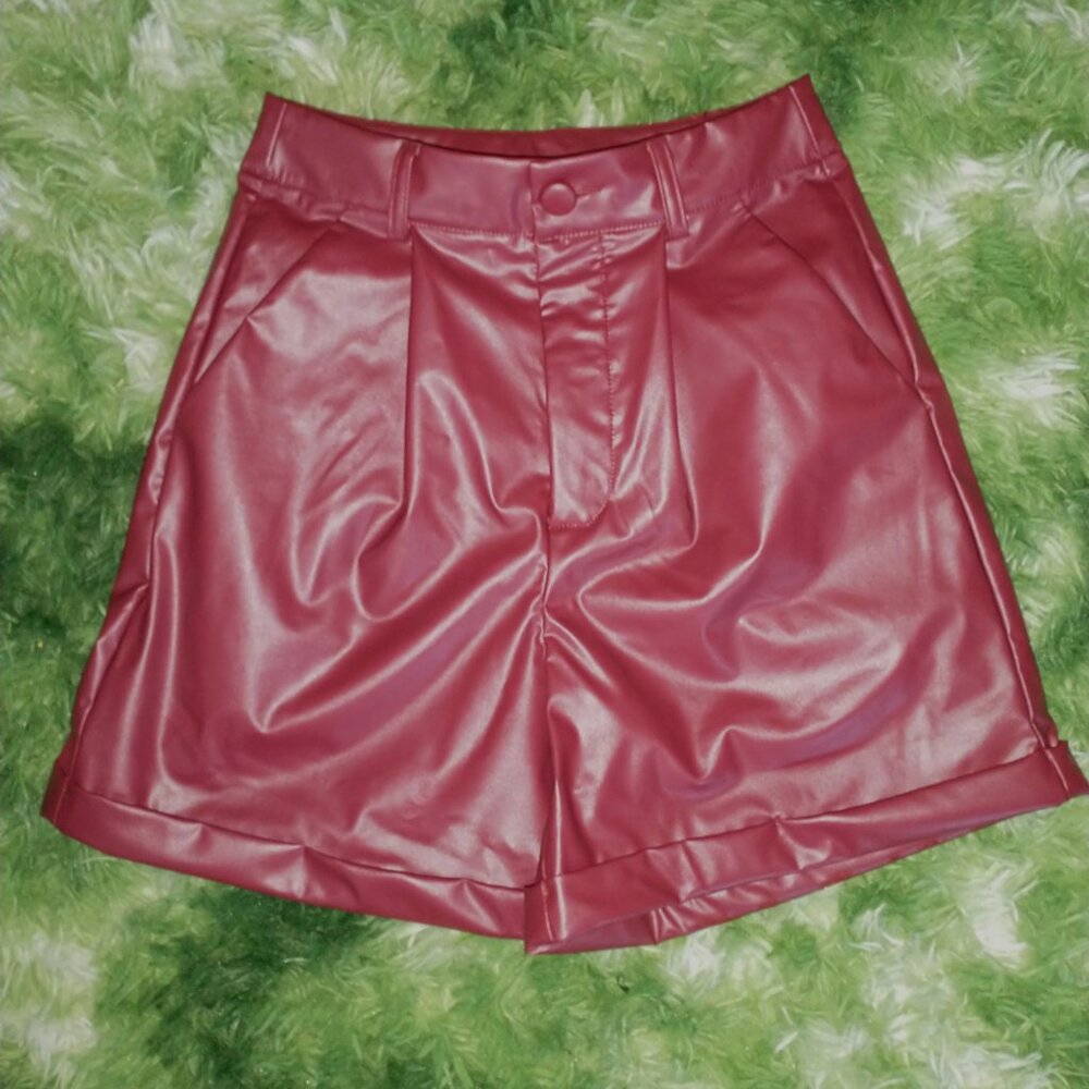 Faux Leather High-waist Shorts, Maroon
